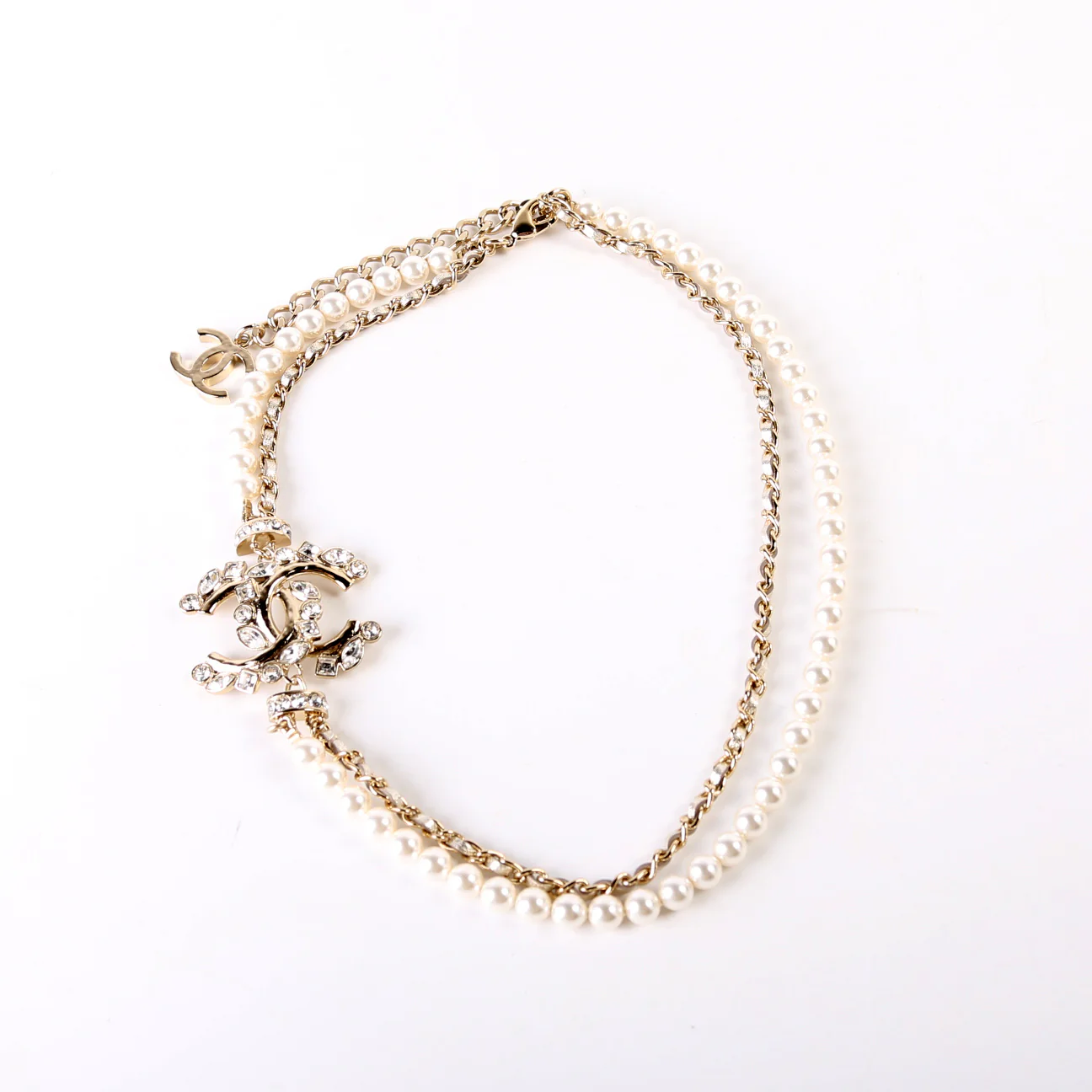 Pearl and Leather Crystal CC Necklace - Image 2