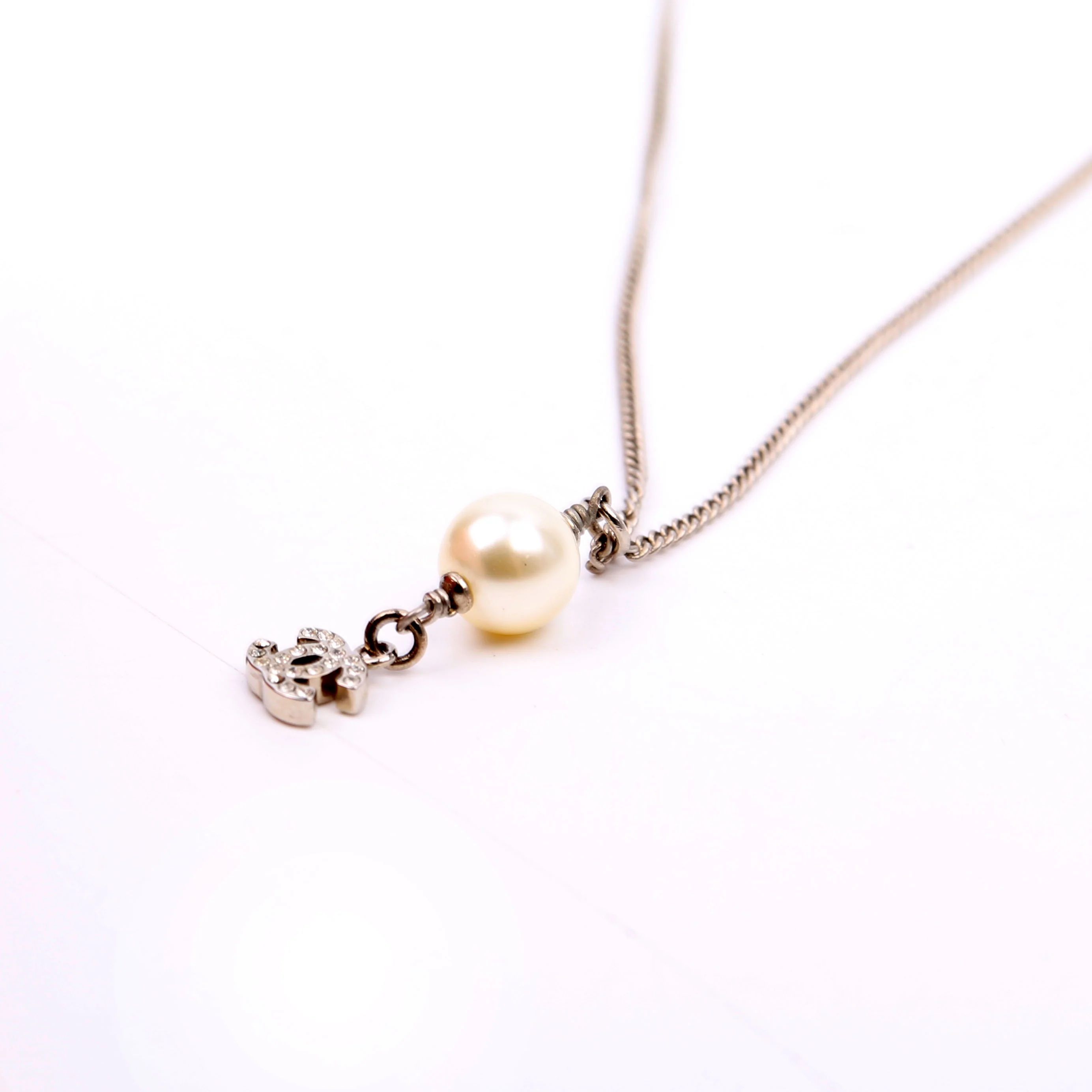 Pearl Drop CC Rhinestone Pendant Necklace Silver - Image 4