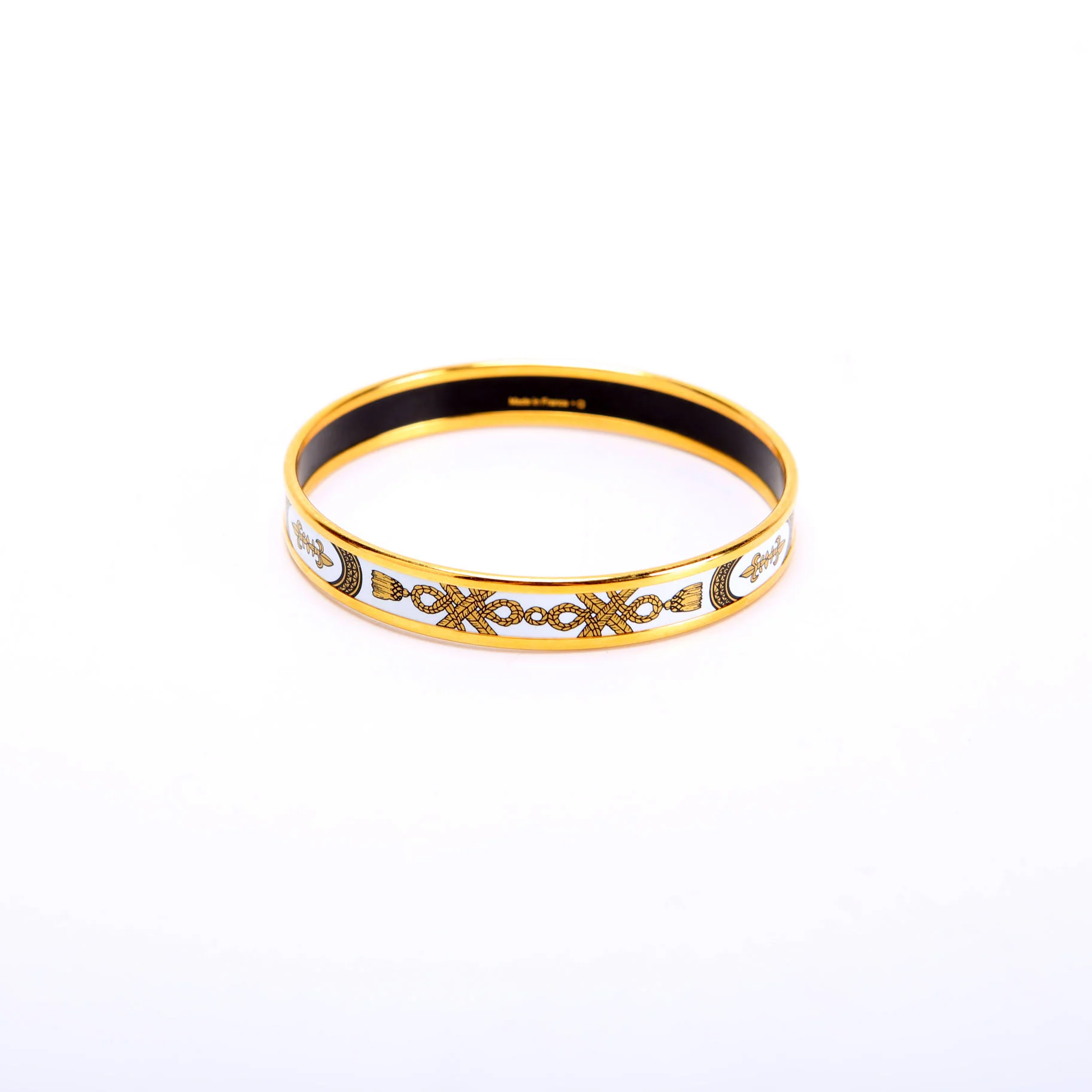 Printed Enamel Narrow Bangle Bracelet Gold/White - Image 3