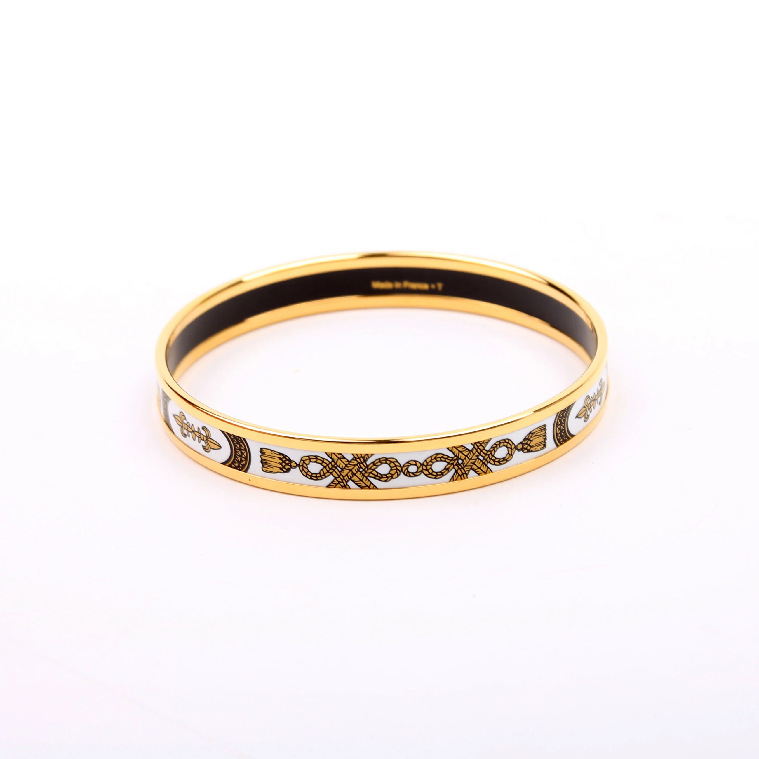 Printed Enamel Narrow Bangle Bracelet Gold/White - Image 3