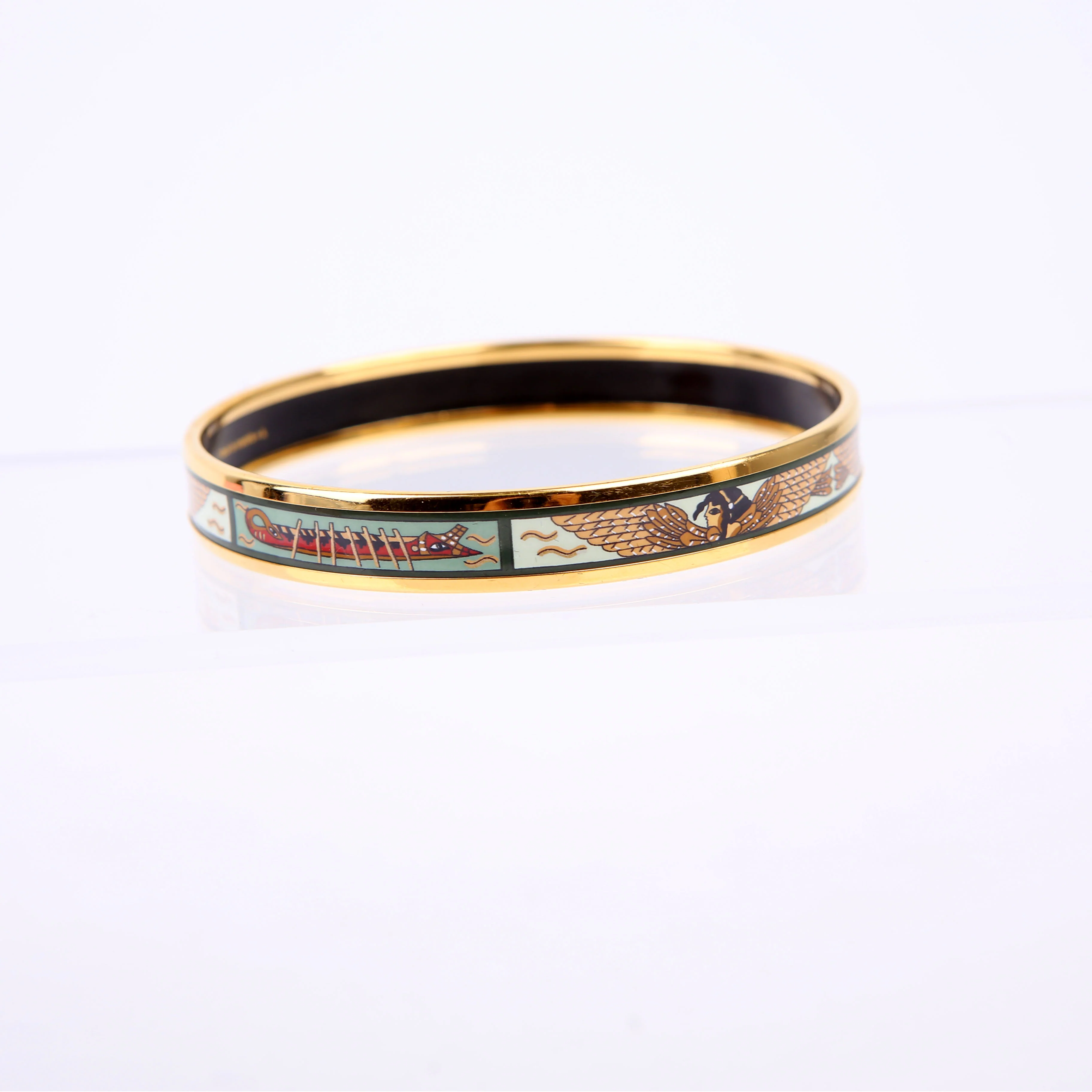 Printed Enamel Narrow Bangle Bracelet Green/Gold - Image 2