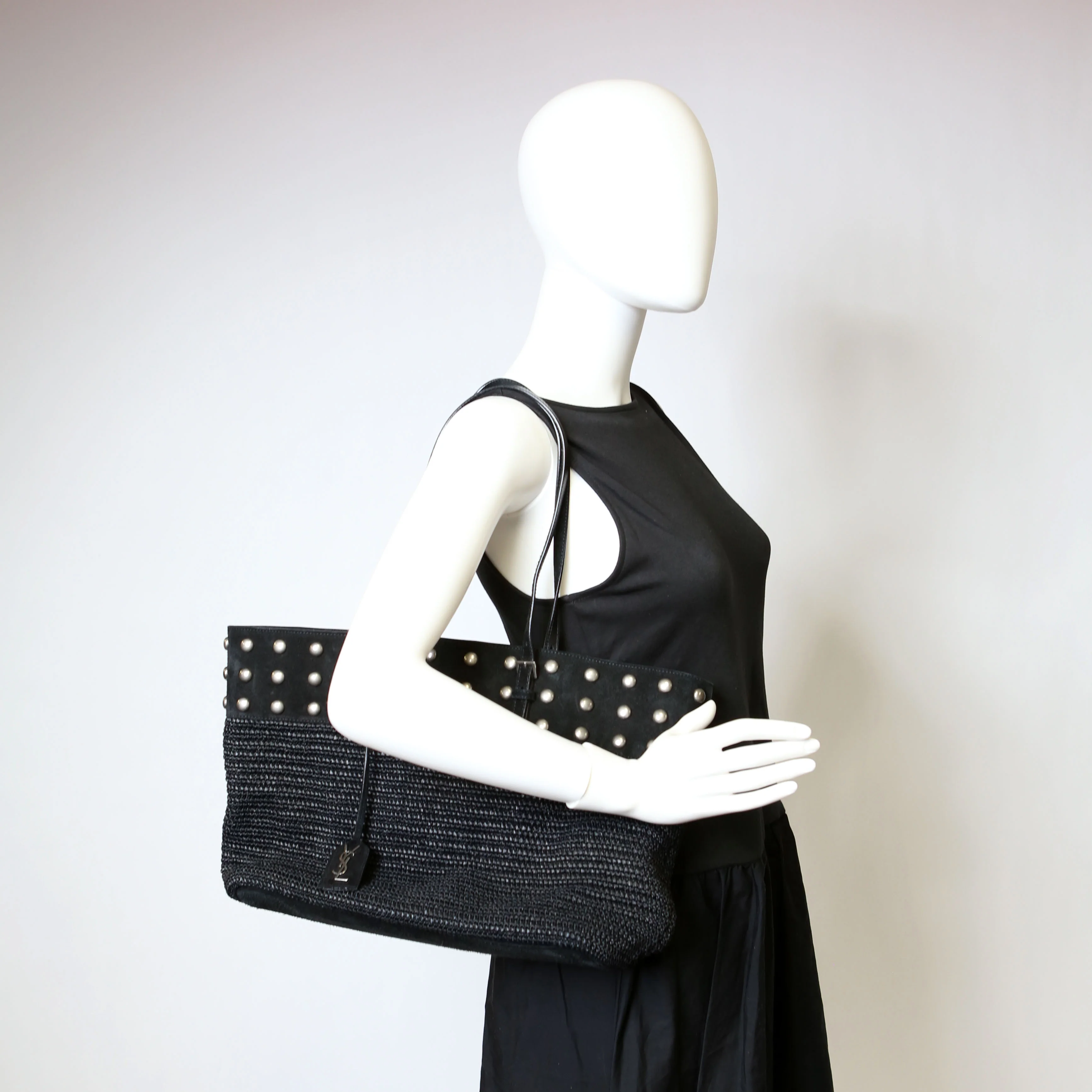 Raffia/Leather Studded Shopping Tote Black - Image 20