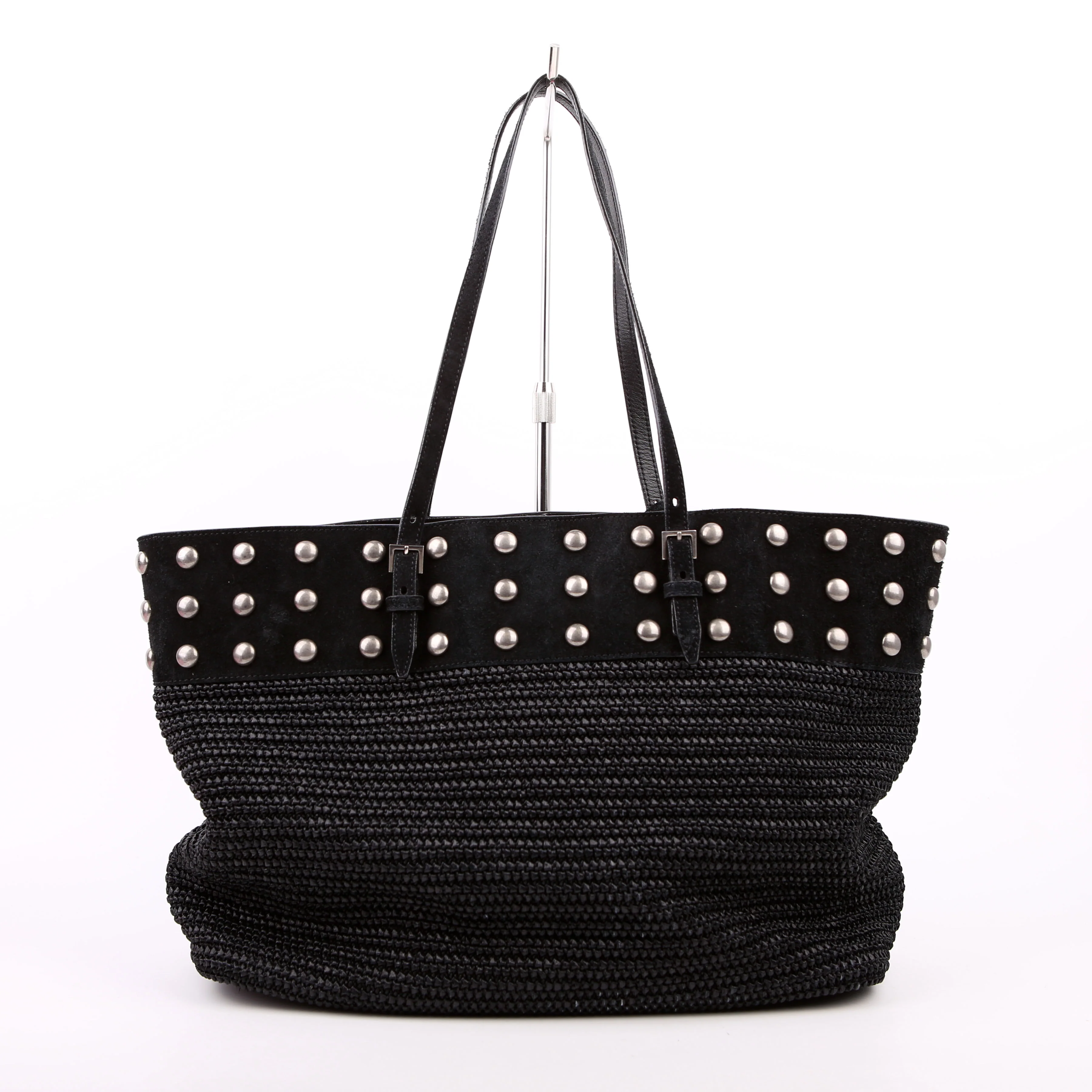 Raffia/Leather Studded Shopping Tote Black - Image 3