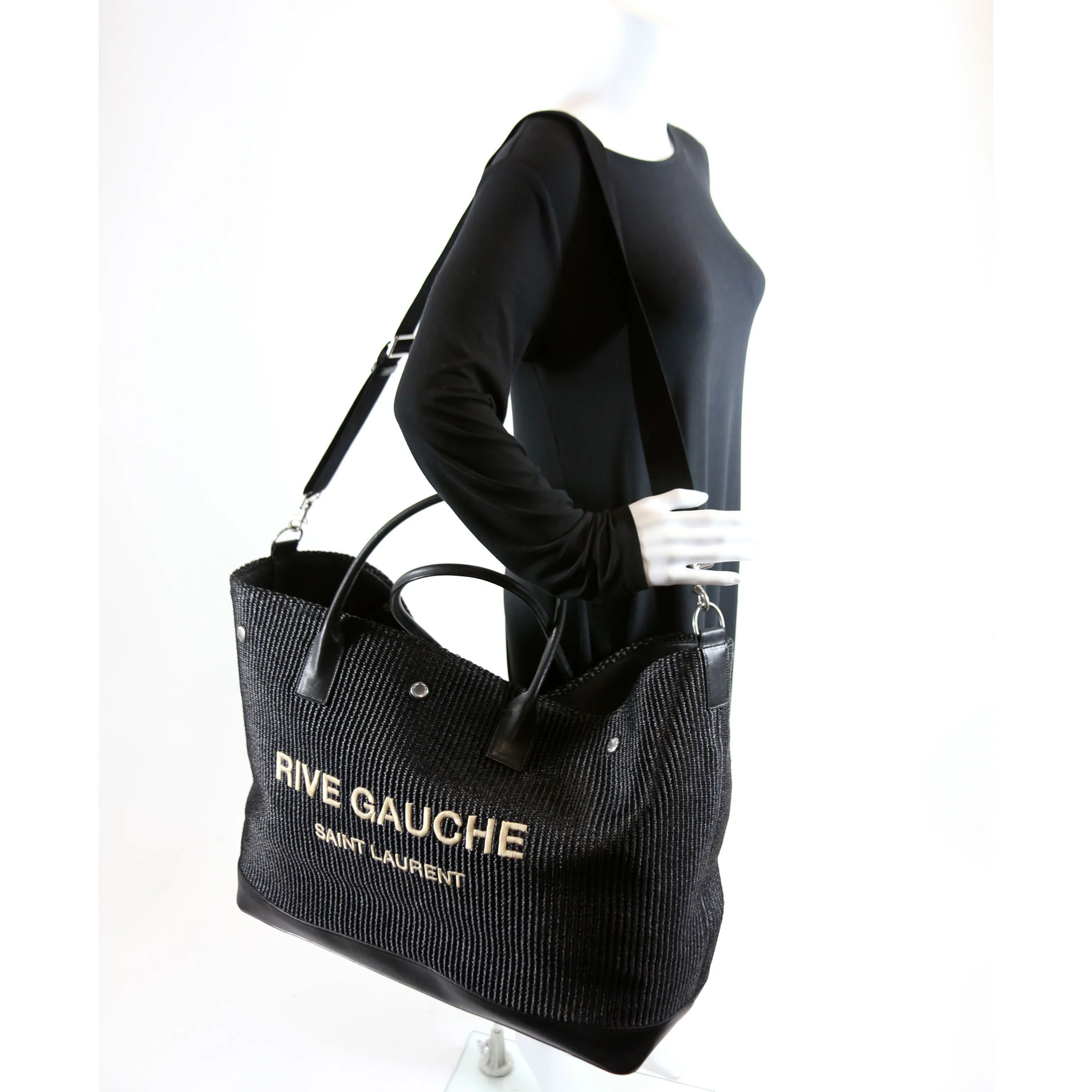Rive Gauche Raffia Calfskin Maxi Tote 718554 Black - Image 9