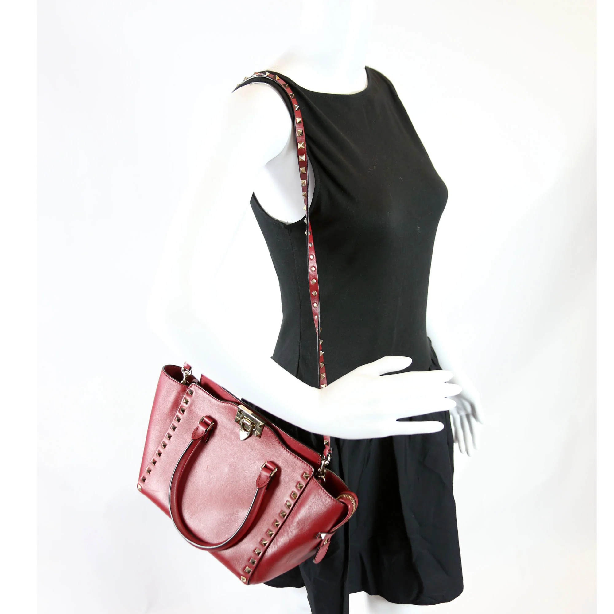 Rockstud Double Handle Tote Small Maroon - Image 13