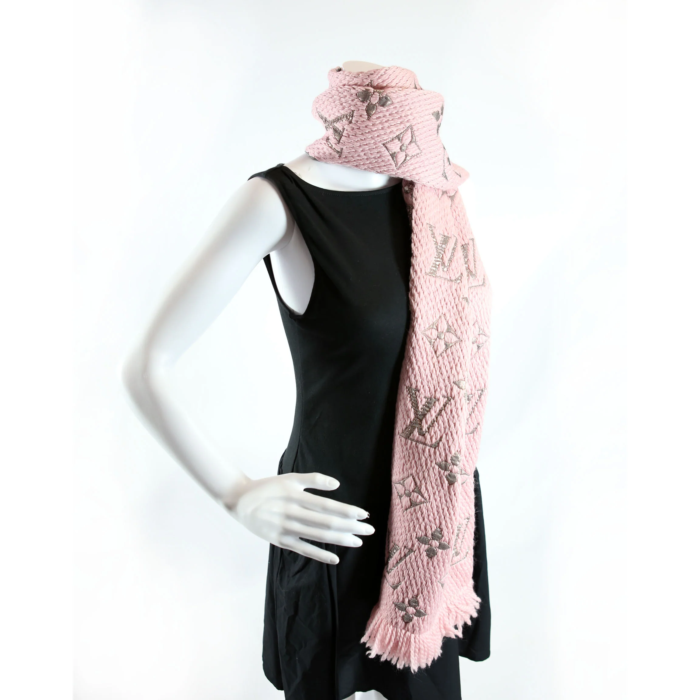Shawl Monogram Silk/Wool Scarf Pink/Gold - Image 8