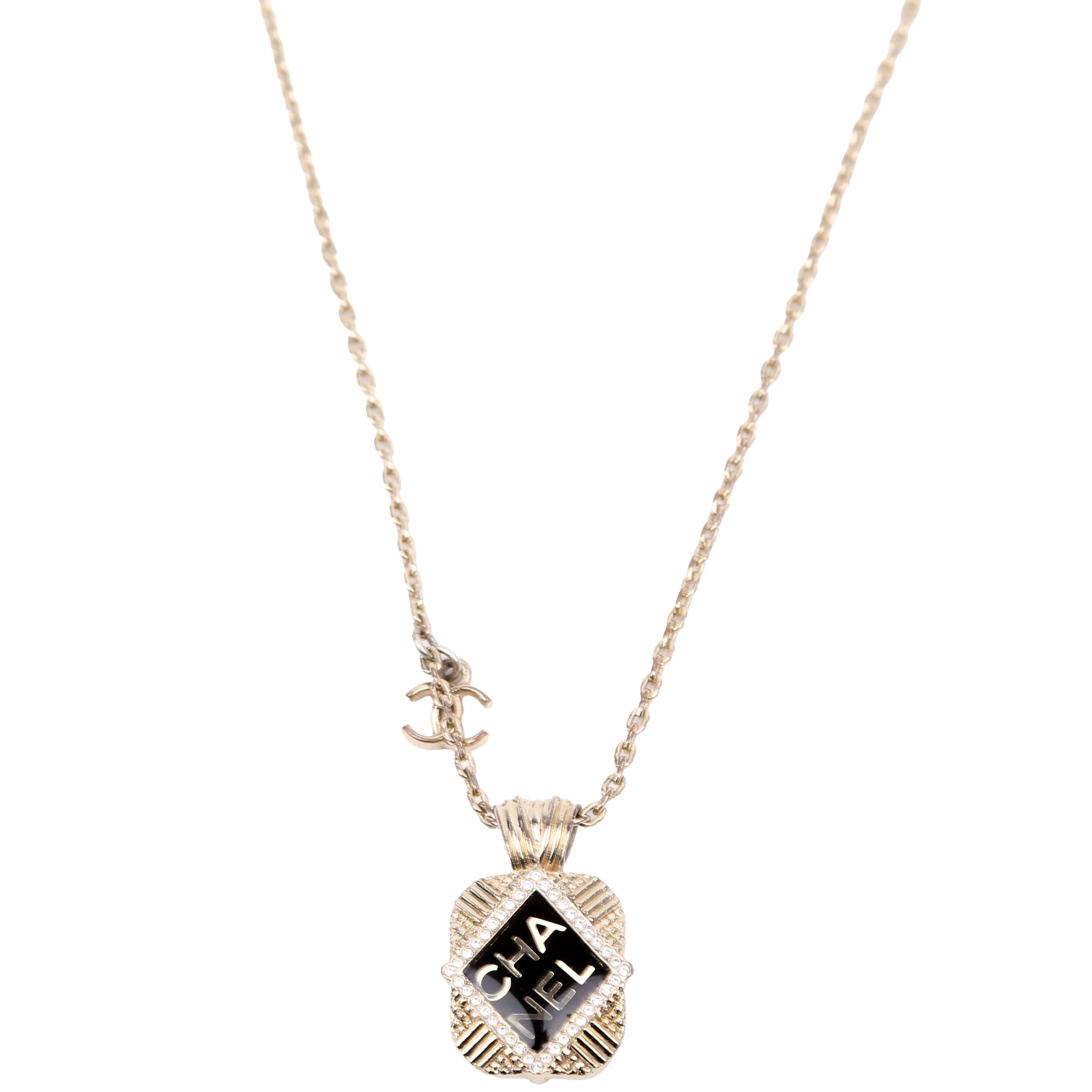 Square Crystal Resin Logo Pendant Necklace Gold