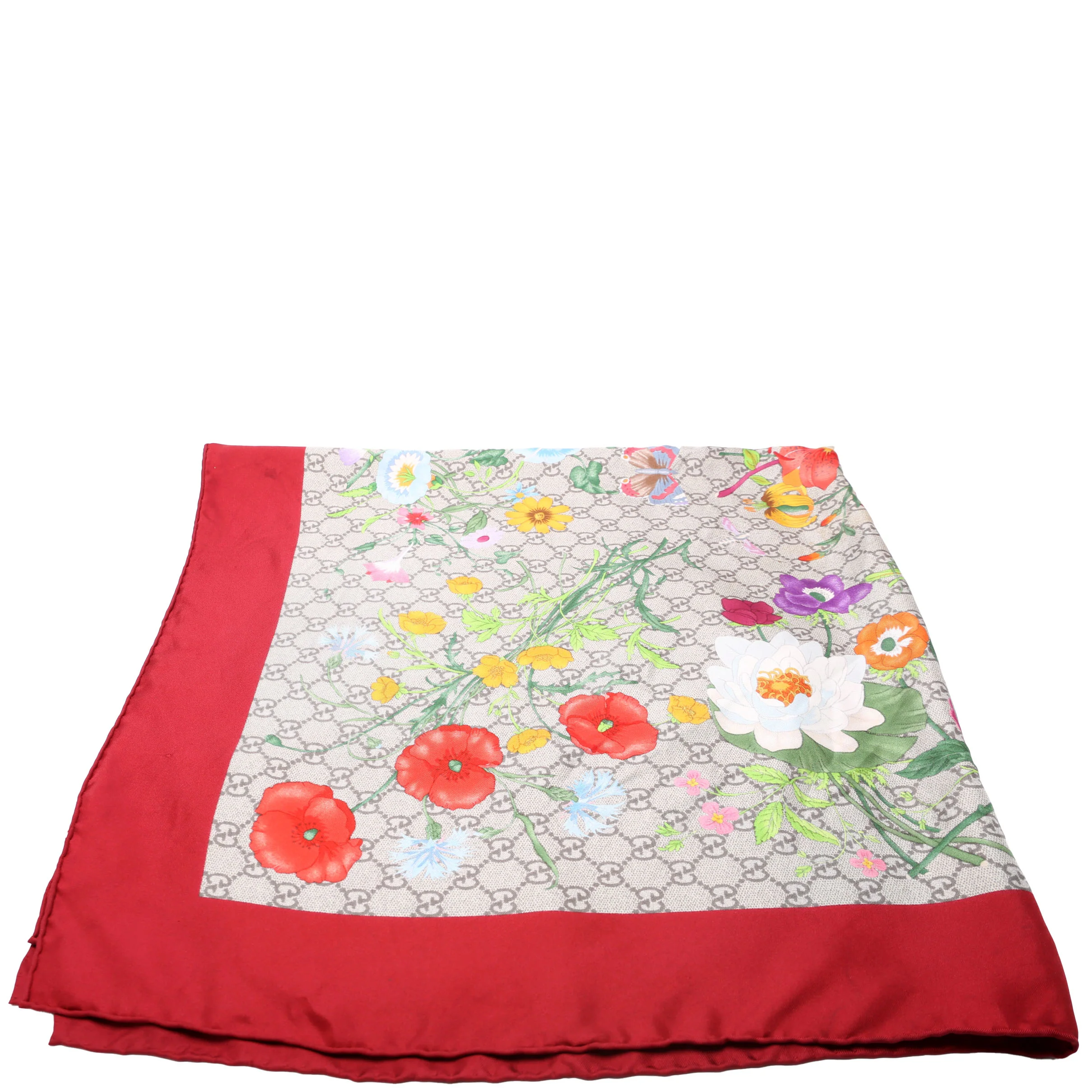 Square Flora Silk Scarf Red/Beige - Image 2