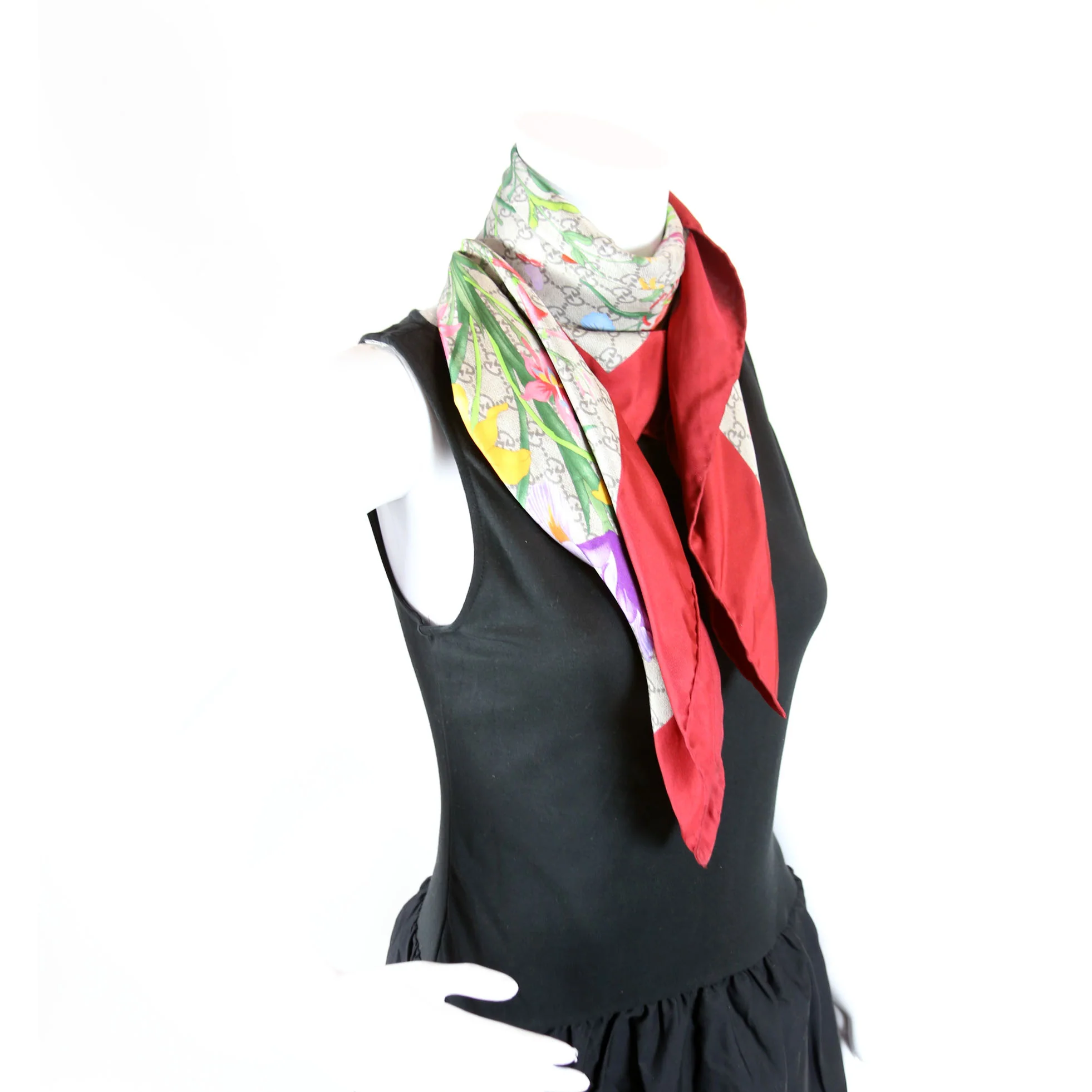 Square Flora Silk Scarf Red/Beige - Image 8