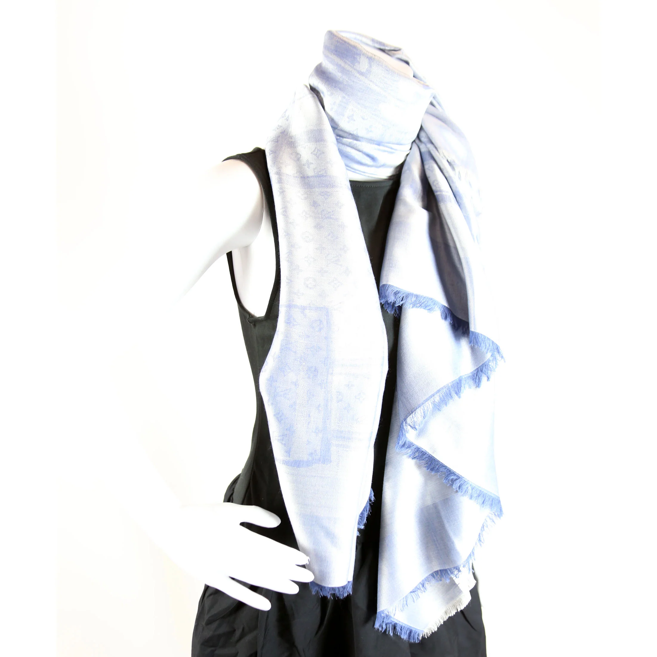 Steamer Shawl Silk/Cashmere Scarf Silver/Blue - Image 8