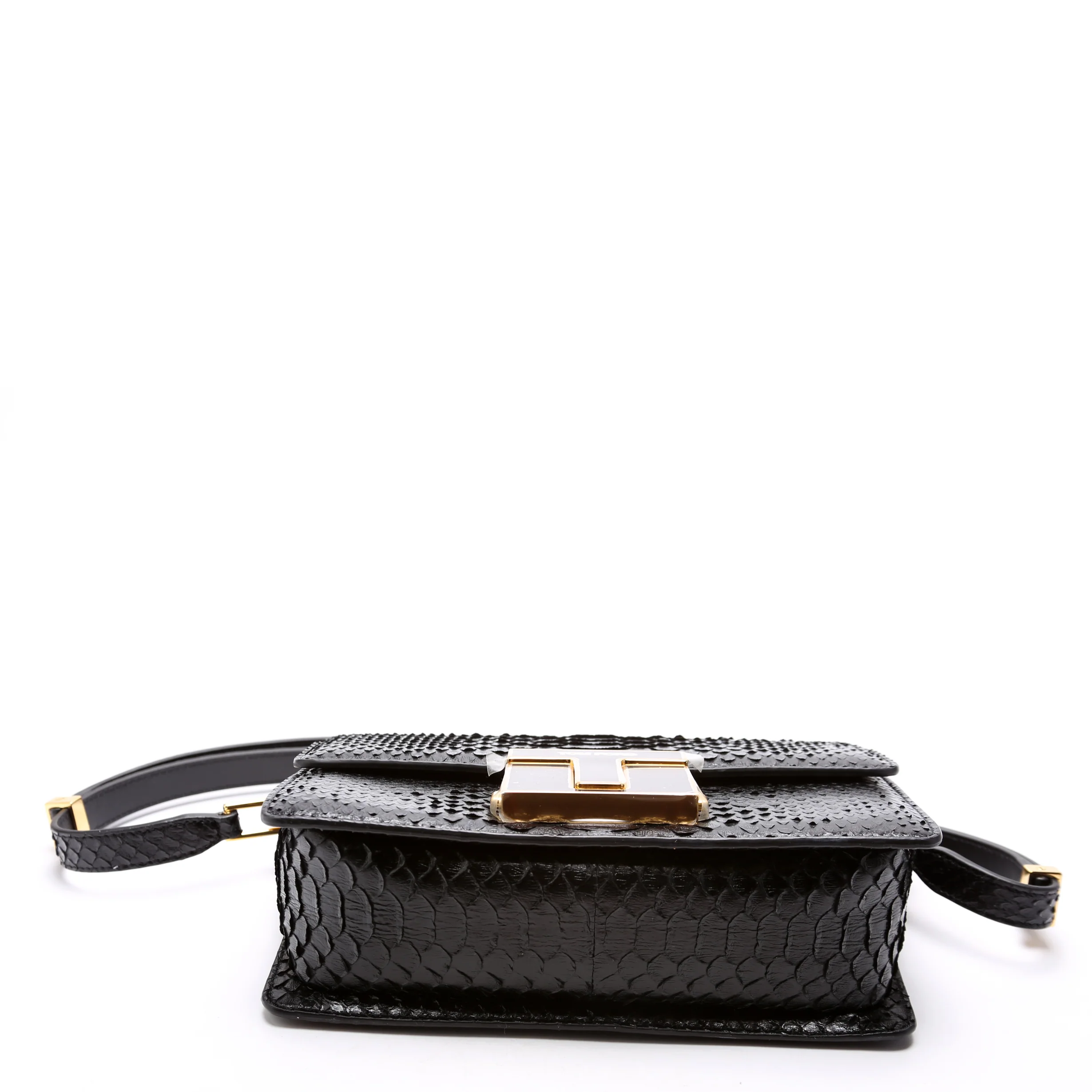 T Clasp Medium Shoulder Bag Semi Shiny Snakeskin Black - Image 4