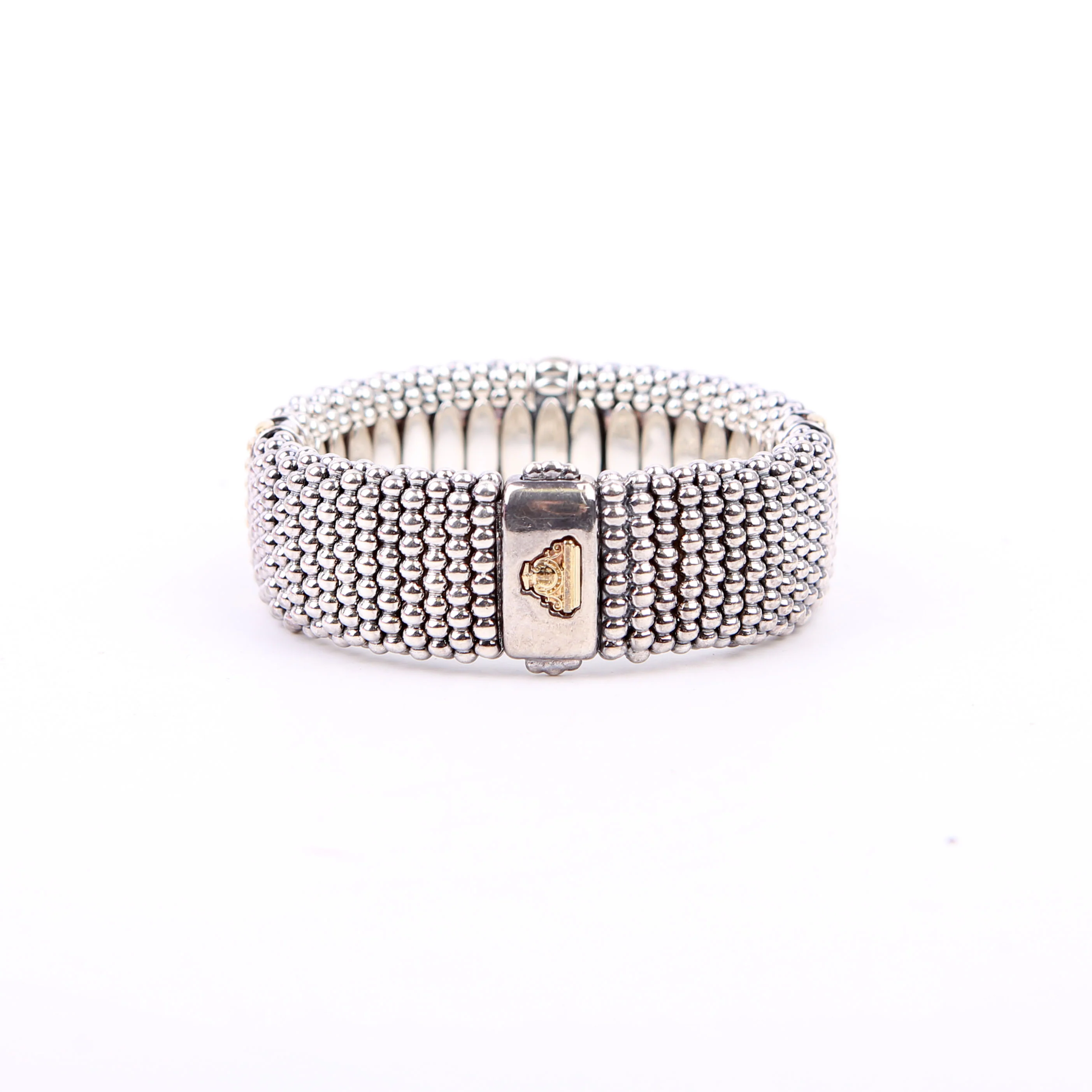 Three Station Caviar Beaded 23MM 925/750 Bracelet Silver/Gold - Image 3