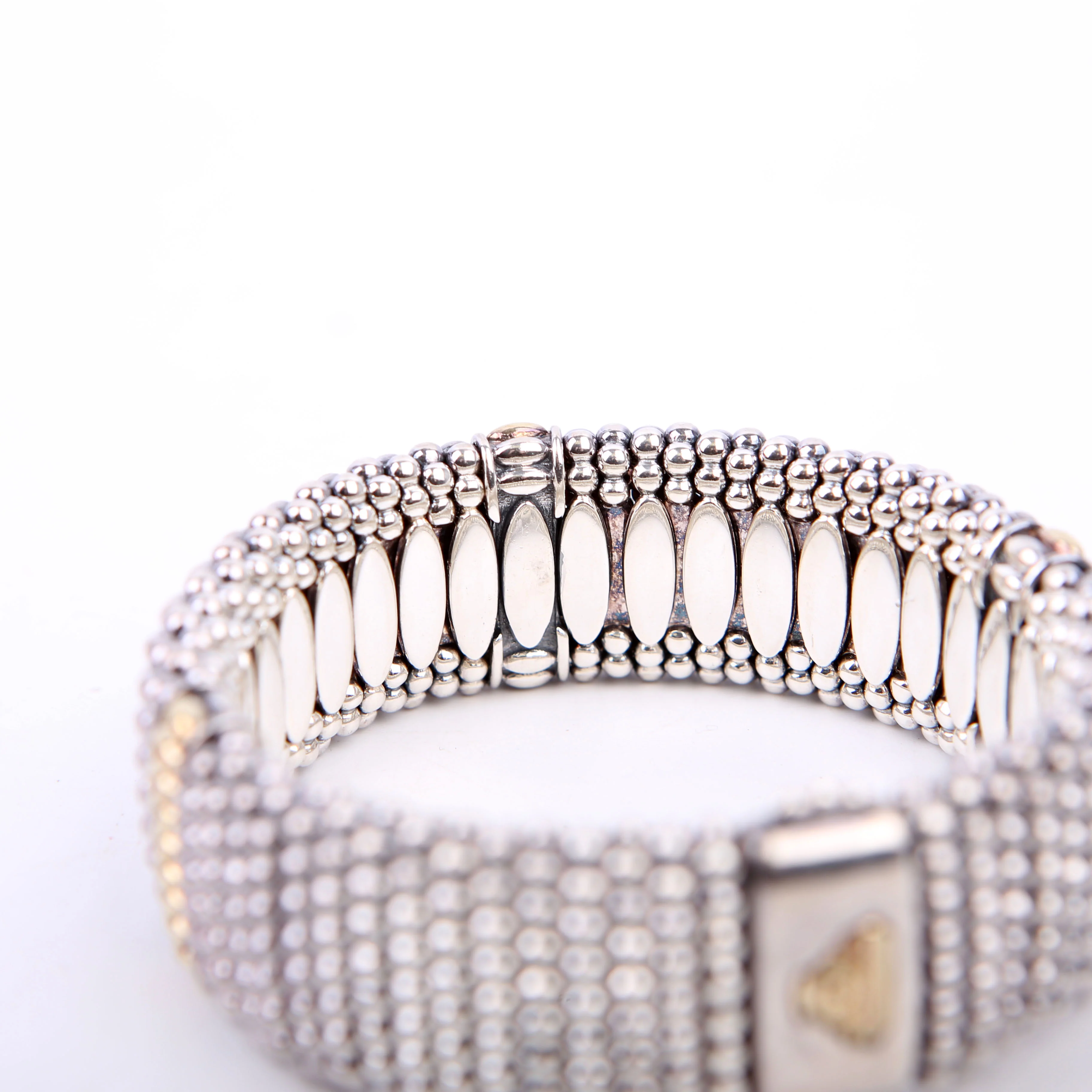 Three Station Caviar Beaded 23MM 925/750 Bracelet Silver/Gold - Image 6