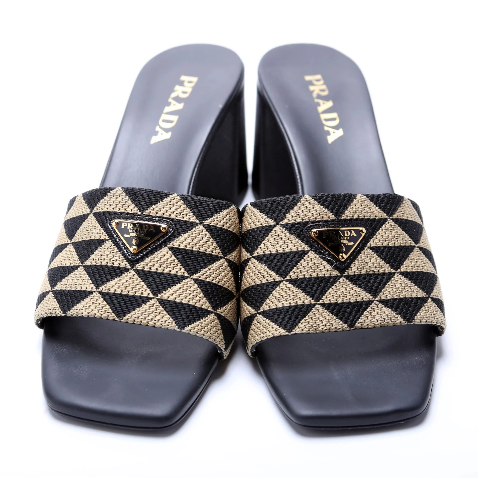 Triangle Logo Jacquard 65MM Sandals Size 40 Tan/Black - Image 2
