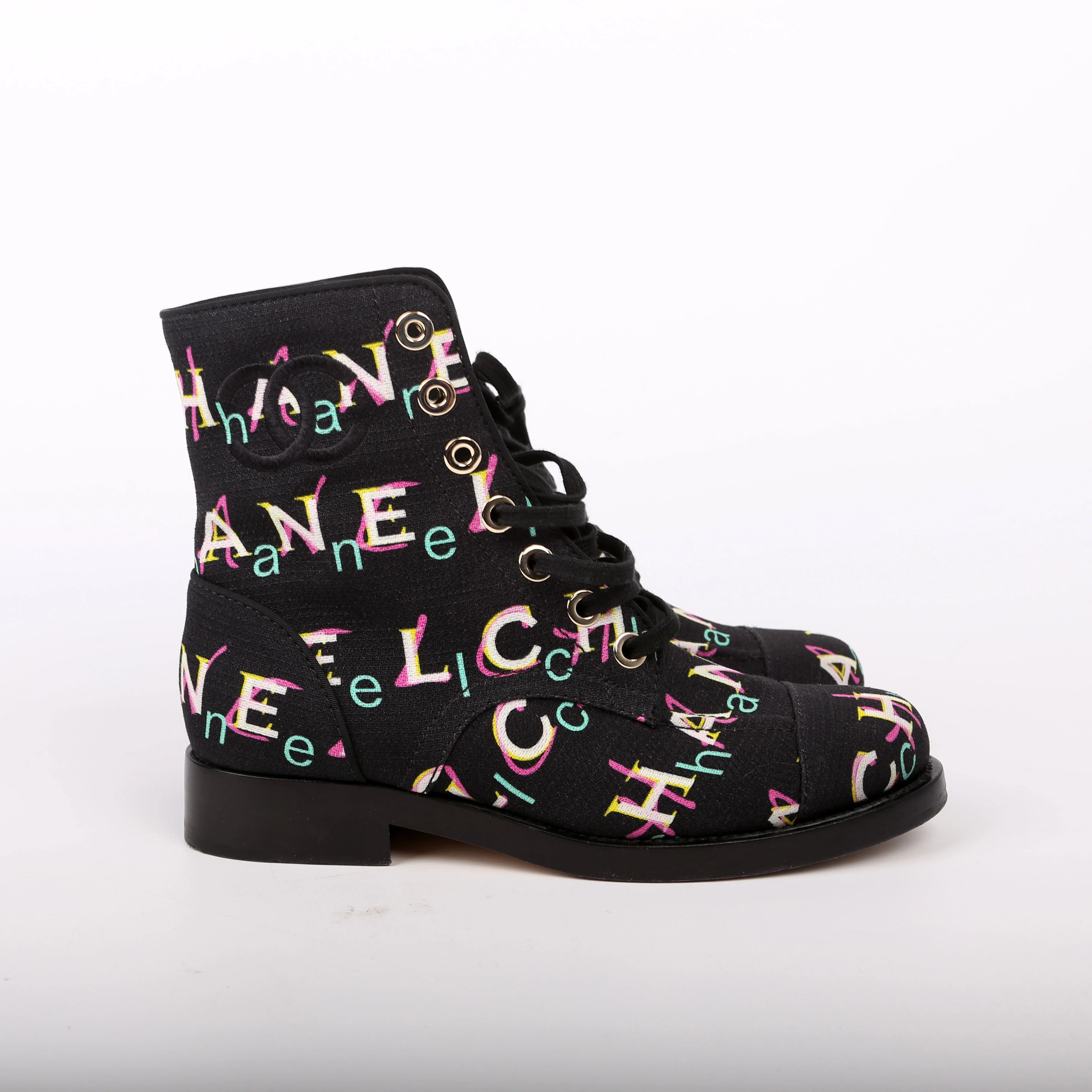 Tweed Logo Lace-Up Boots Size 37.5 Black/Multicolor - Image 3