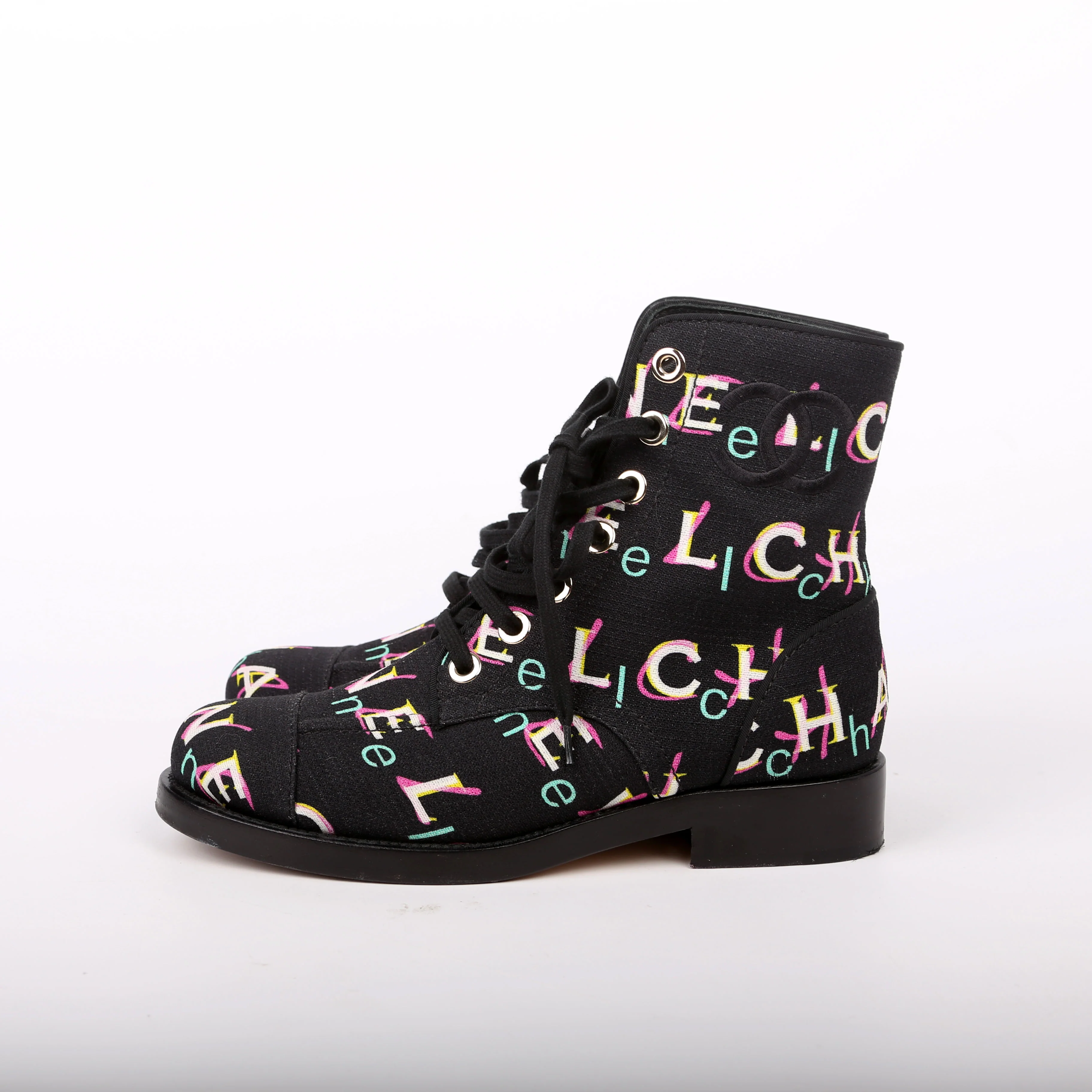 Tweed Logo Lace-Up Boots Size 37.5 Black/Multicolor - Image 5