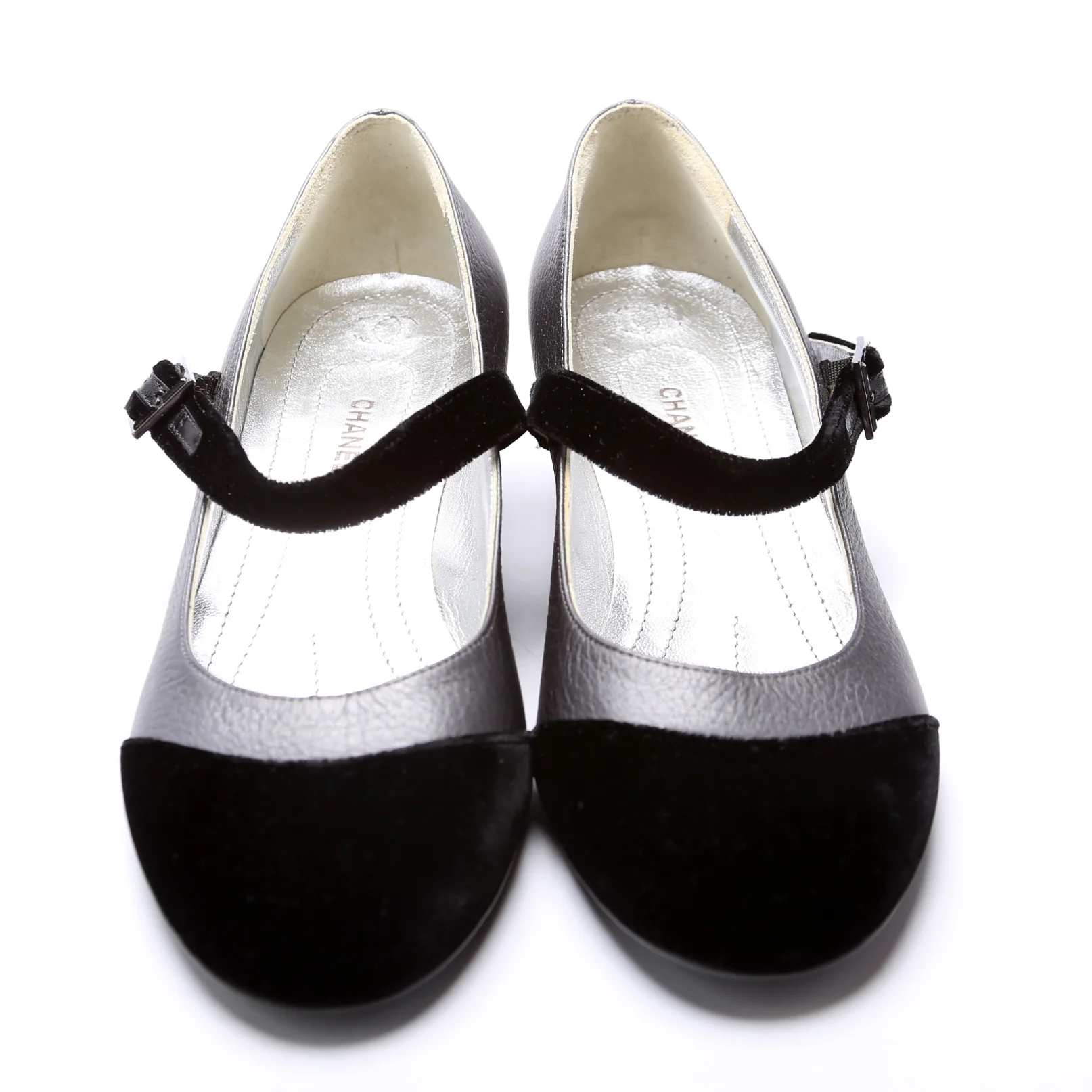 Velvet Cap Toe Mary-Jane Mid Heels Size 36.5 Black/Grey - Image 2