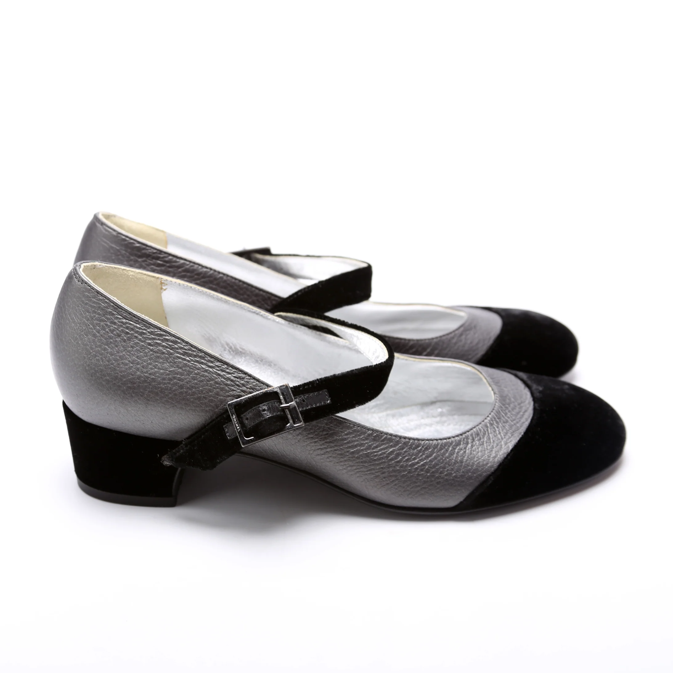 Velvet Cap Toe Mary-Jane Mid Heels Size 36.5 Black/Grey - Image 3