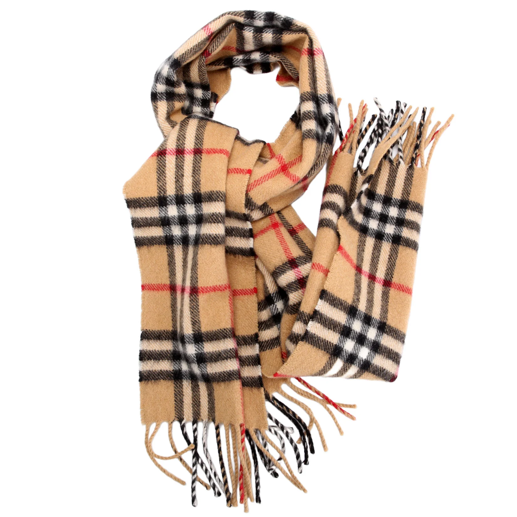 Vintage Check Fringe Cashmere Scarf Tan