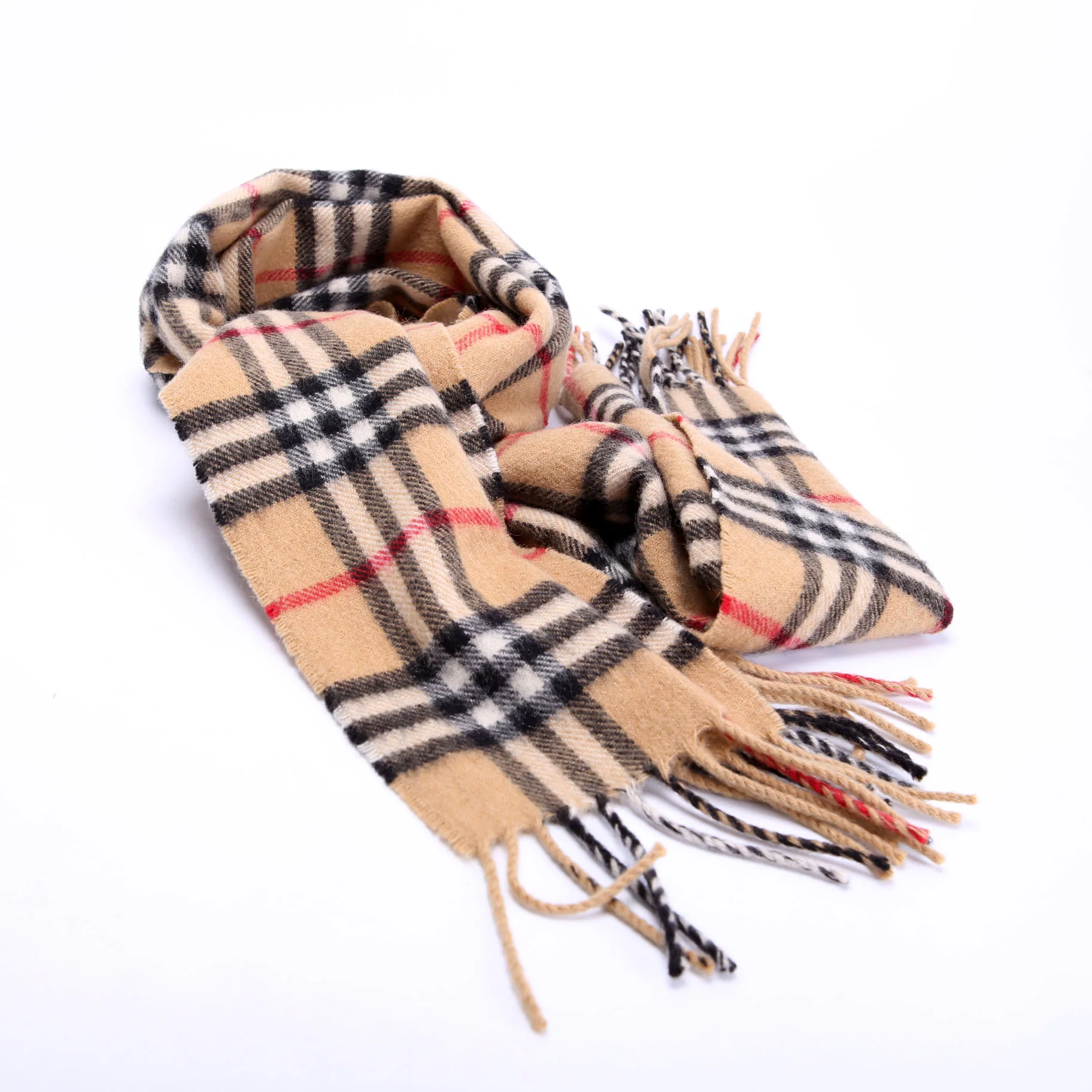 Vintage Check Fringe Cashmere Scarf Tan - Image 2