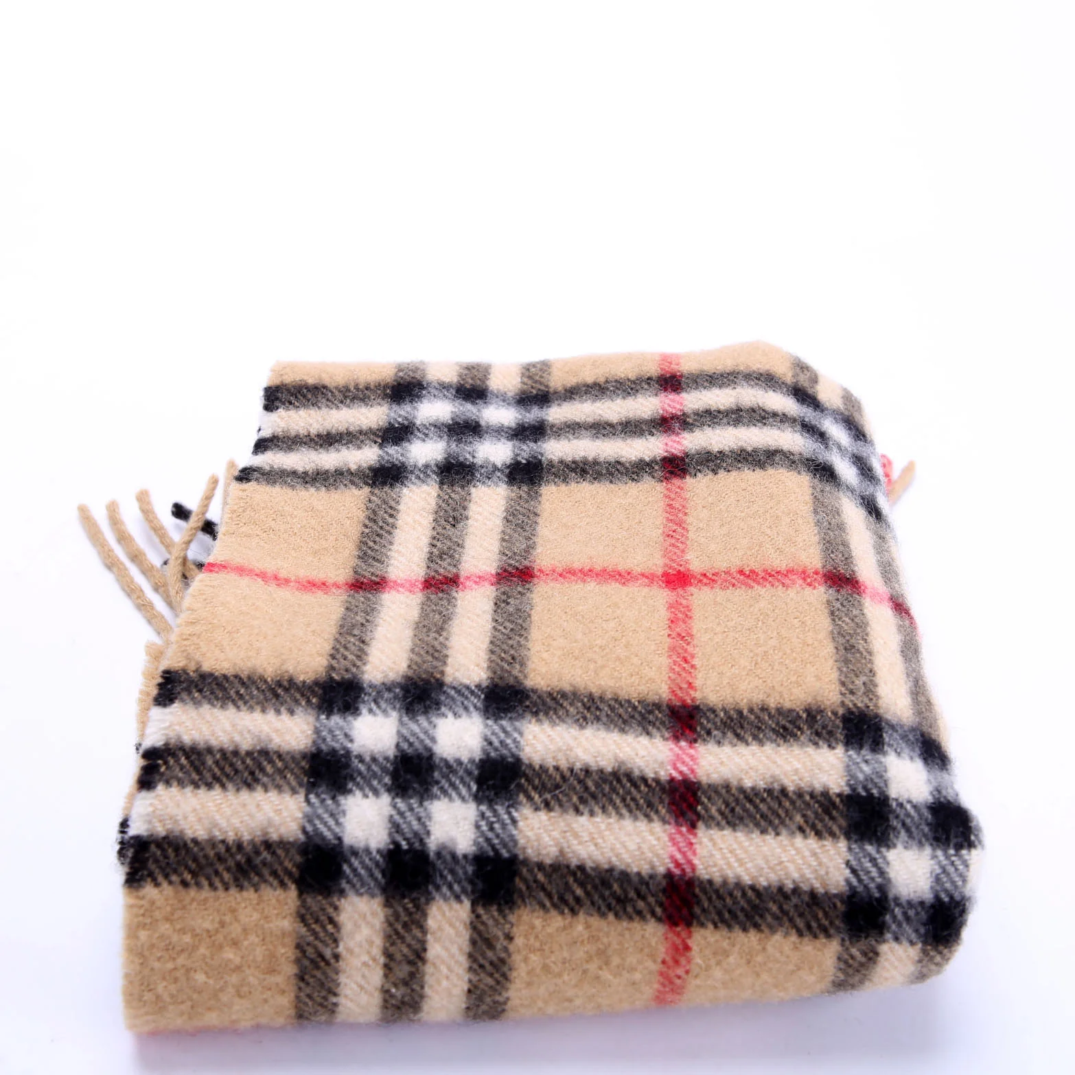 Vintage Check Fringe Cashmere Scarf Tan - Image 3