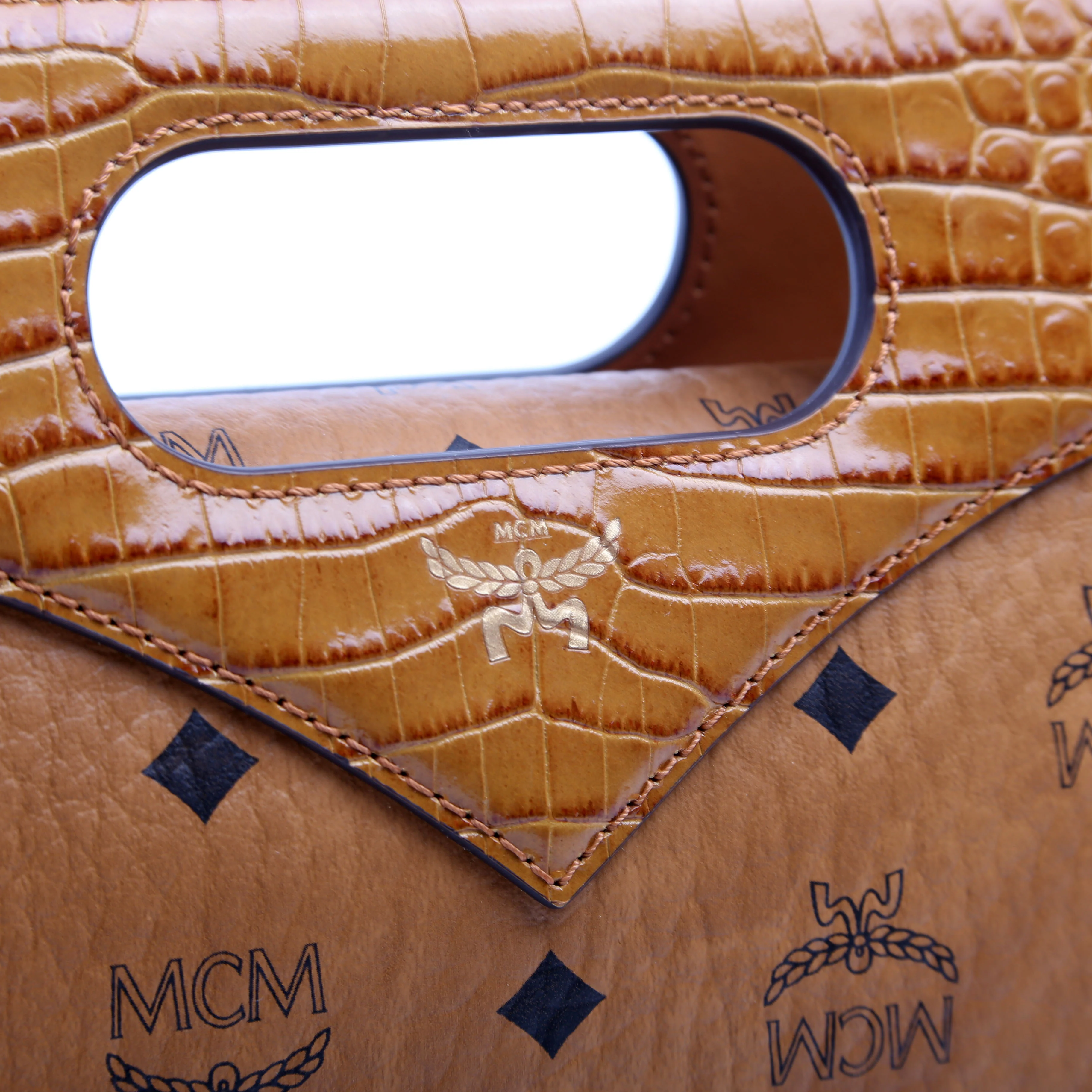 Visetos/Crocodile Embossed Leather Diamond Tote Small Cognac - Image 11