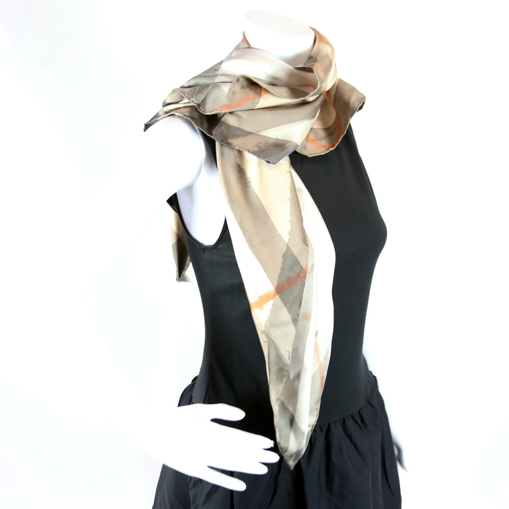 Watercolor Check Silk Scarf 90 Beige/Brown - Image 6