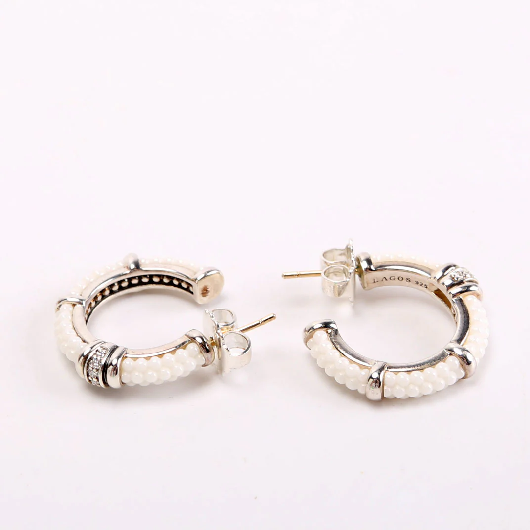 White Caviar/Ceramic Diamond Hoop Earrings Silver/White - Image 4