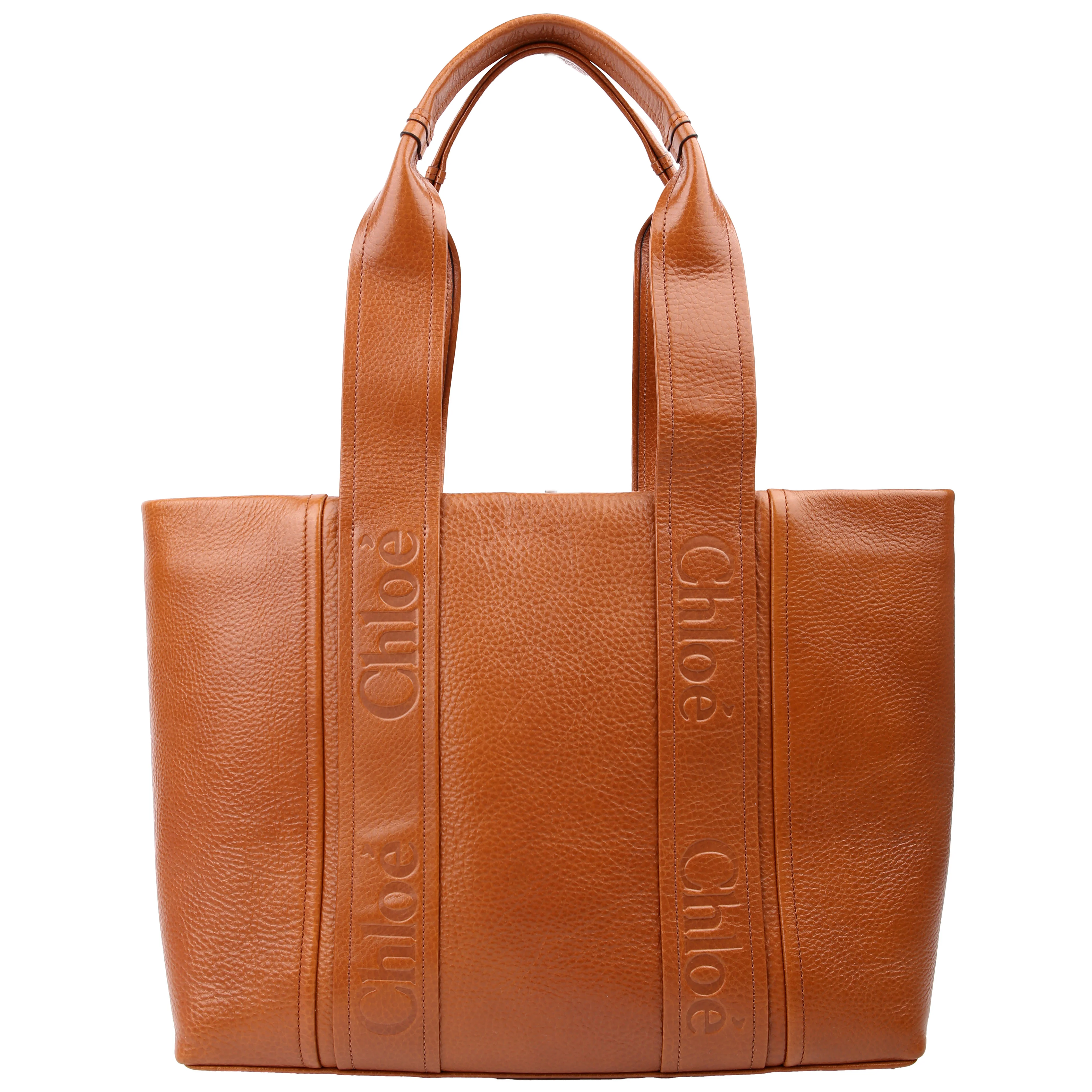 Woody Medium Shiny Grained Leather Tote Brown