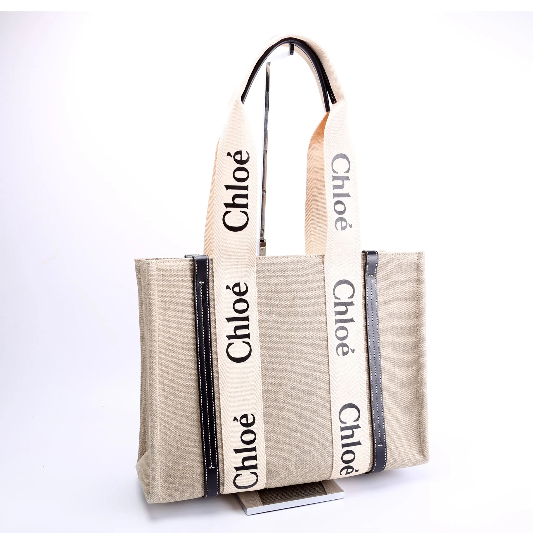 Woody Ribbon Tote Medium Black/Beige - Image 2