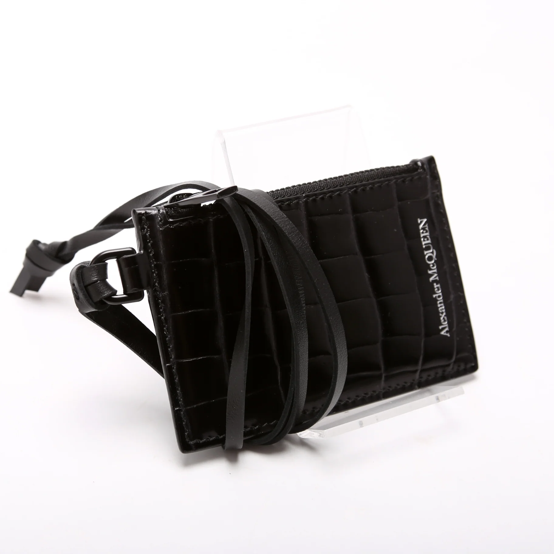 Zip Card Case with Lanyard Croc Embossed Black - Image 2